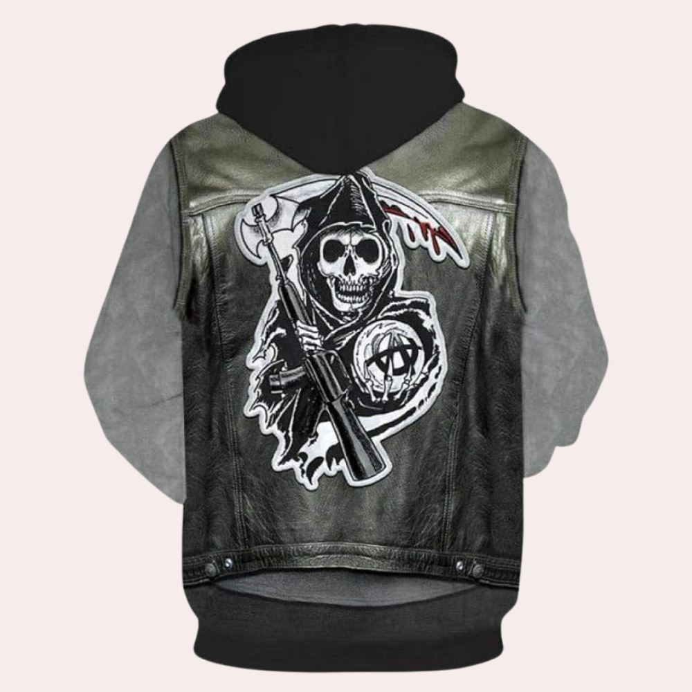 Gray men's casual hoodie with a unique print design, relaxed fit pullover, comfortable for daily wear.