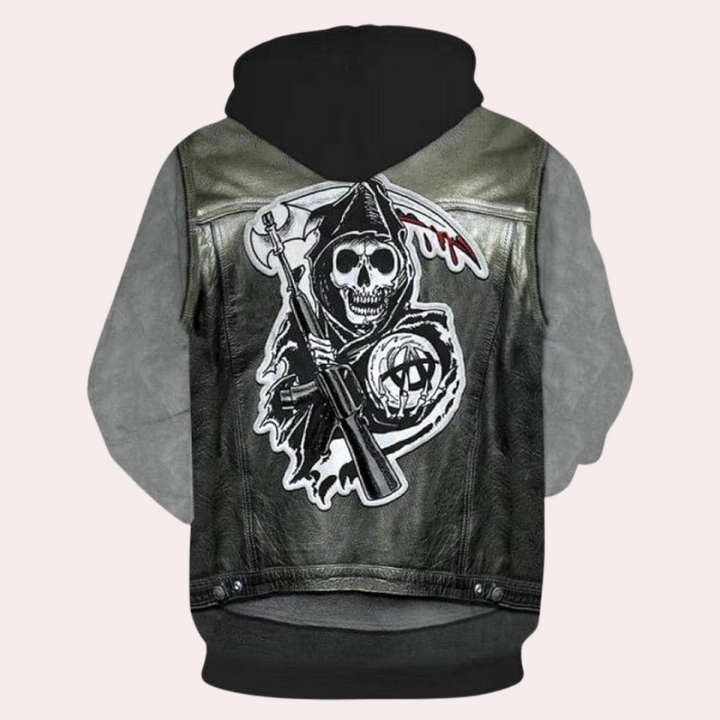 Gray men's casual hoodie with a unique print design, relaxed fit pullover, comfortable for daily wear.