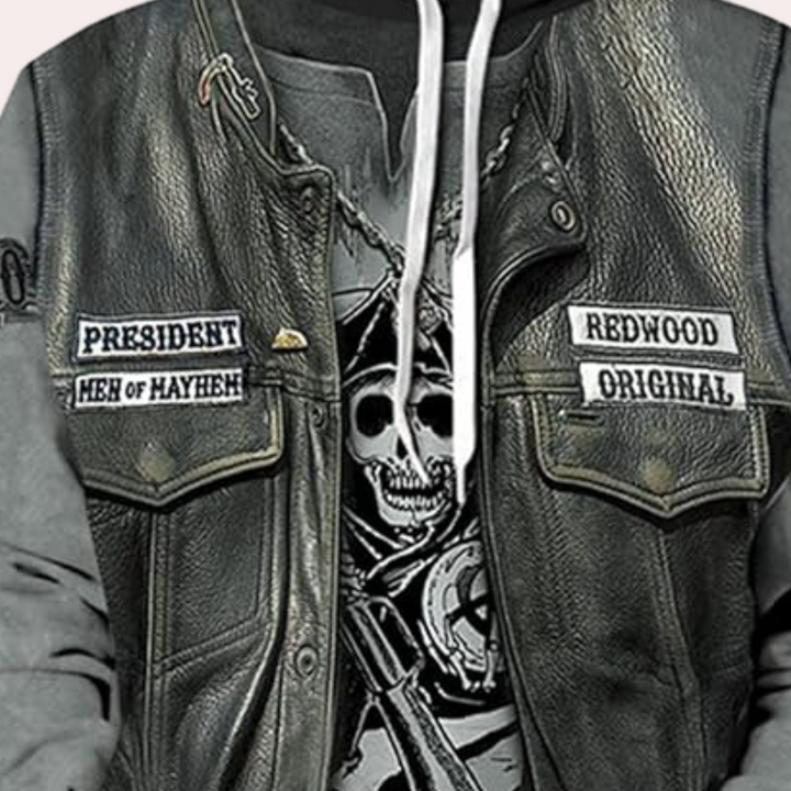 Gray men's casual hoodie, unique print, relaxed fit pullover. Stylish and comfortable for everyday wear.