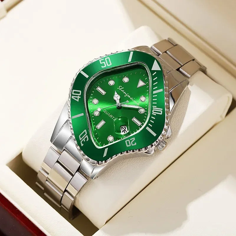 Men's unique time-warp quartz watch with stainless steel band and distorted dial design.