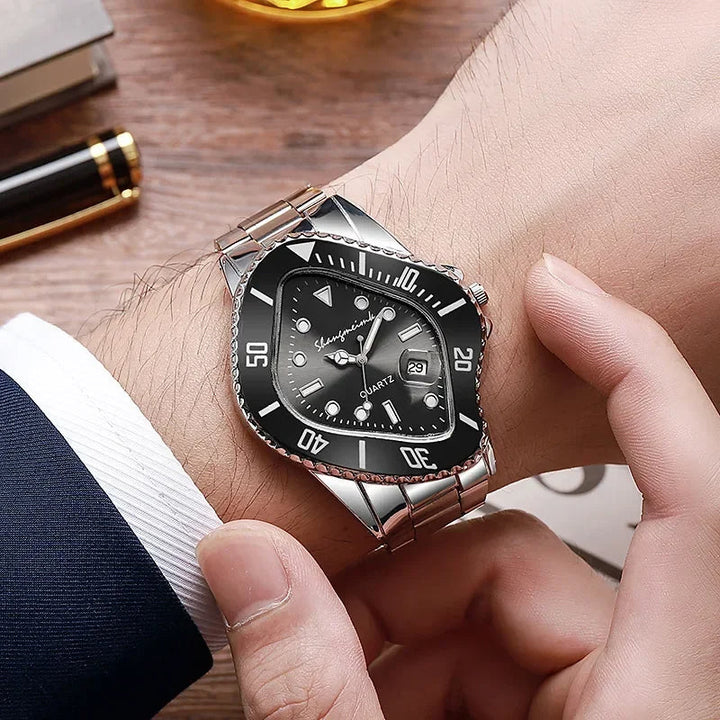 Men's accessories: time-warp quartz watch with water resistance and stainless steel elegance.