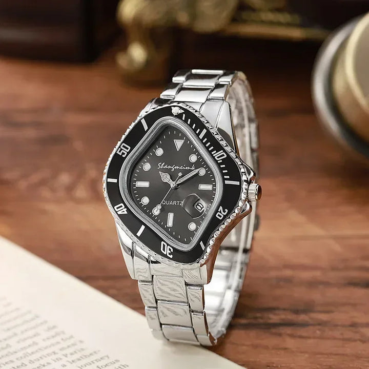 Unique men's wristwatch: quartz movement, stainless steel band, and creative warped dial design.