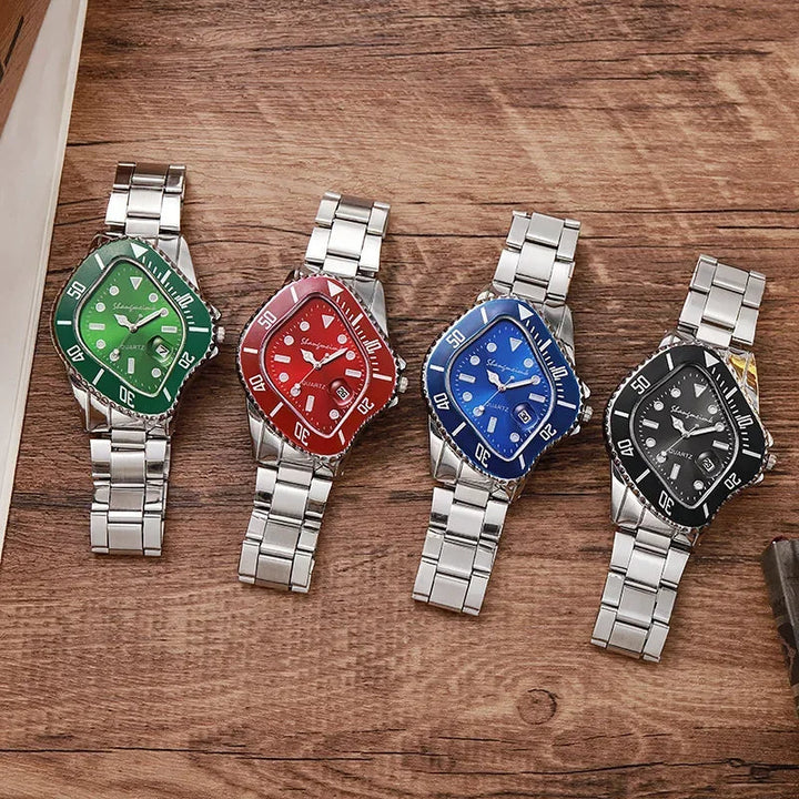 Stylish men's quartz watch featuring a time-warp dial and high-quality stainless steel construction.