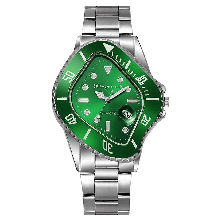Men's fashion watch with a unique distorted dial, quartz precision, and stainless steel strap.