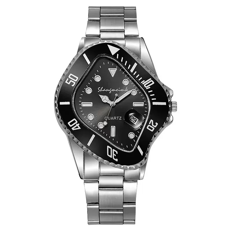 Men's quartz wristwatch with a statement warped dial and a comfortable, sleek stainless steel band.