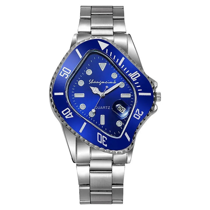 High-angle view of men's unique time-warp quartz watch with a polished stainless steel band.
