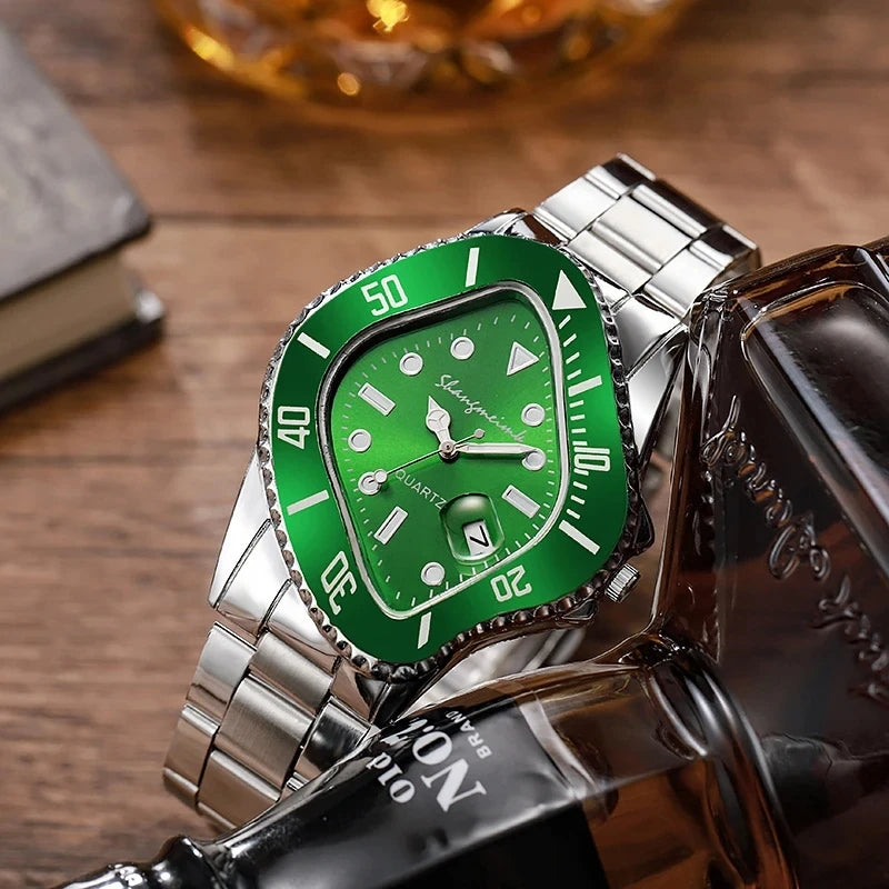 Stylish men's wristwatch featuring a distinctive warped dial, quartz movement, and steel strap.