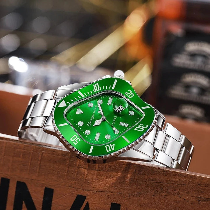 Fashion-forward men's timepiece: quartz watch with eye-catching distorted dial and date display.