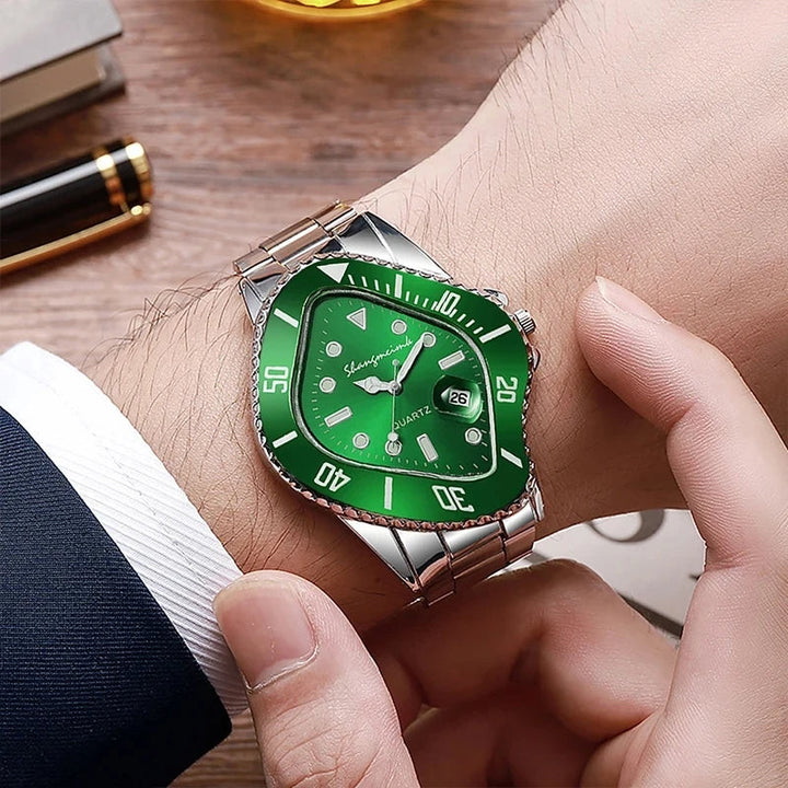 Elegant men's accessory: water-resistant stainless steel quartz watch with unique time-warp effect.