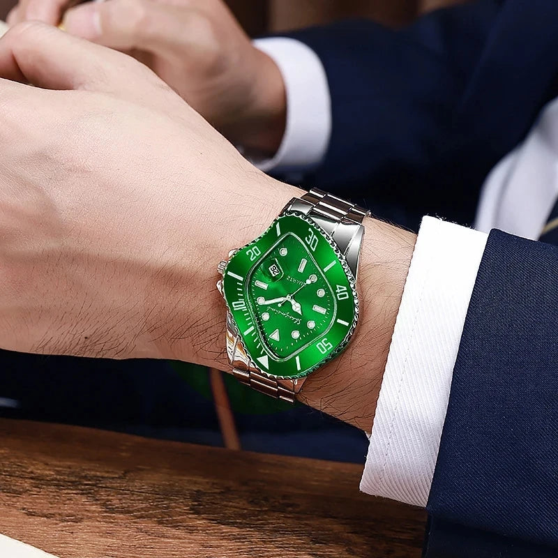 Statement men's watch with a unique warped dial, precise quartz movement, and steel band.