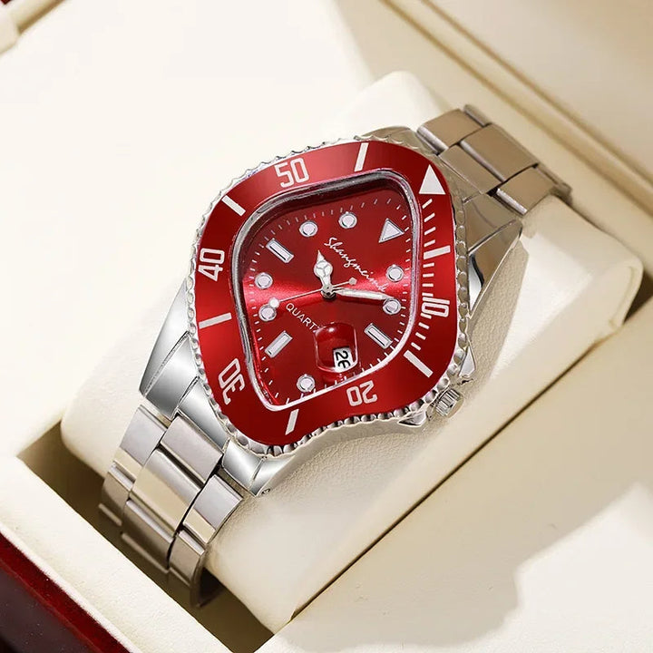Modern men's wristwatch, stainless steel band, unique time-warp dial, and quartz precision.