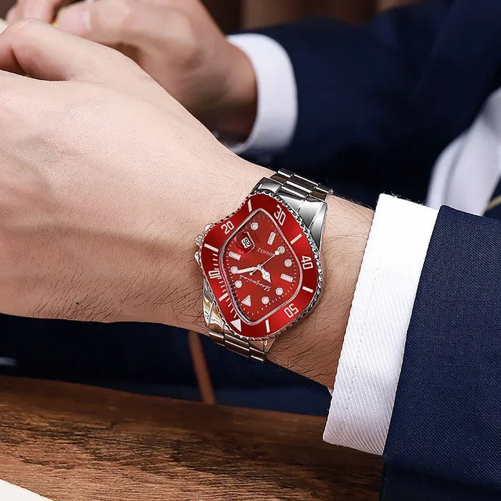 Detailed close-up of men's quartz watch showing its innovative warped dial design.