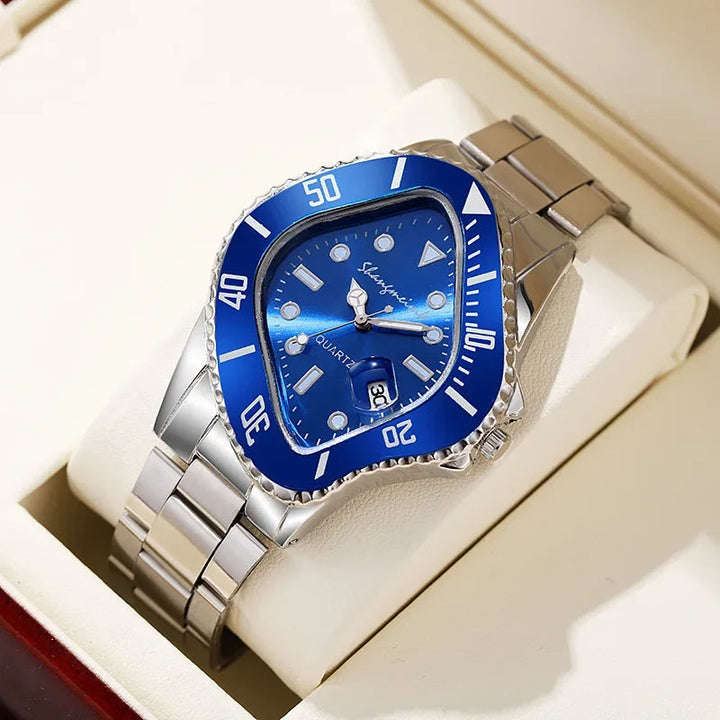 Men's water-resistant stainless steel watch with a distinctive time-warp dial and date function.