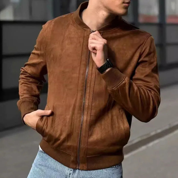 Man in a black slim fit urban bomber jacket, showcasing a modern streetwear & versatile daily look.