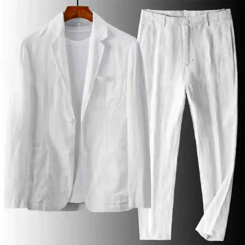 Men's Urban Casual Two-Piece Linen Set for summer. Stylish top & trousers, perfect for resort wear or smart casual.