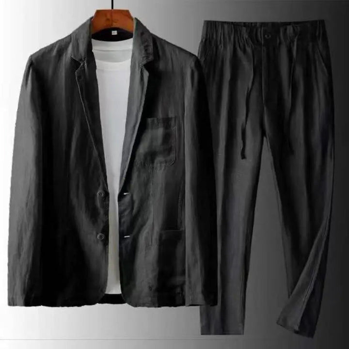 Stylish men's urban casual two-piece linen outfit. Versatile separates for a smart casual look, ideal for summer fashion.