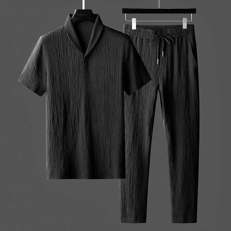Versatile men's two-piece urban style outfit set. Comfortable top and trousers for modern casual wear.