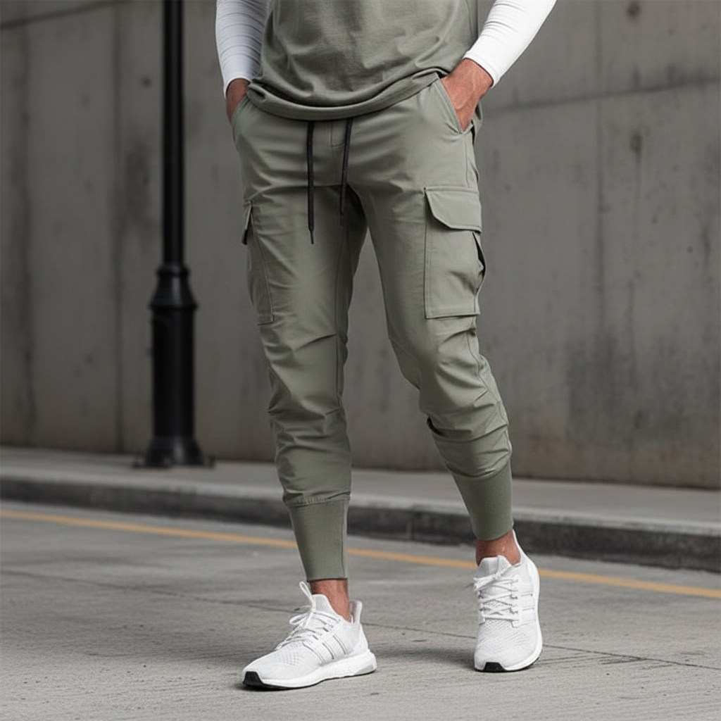 Men's urban performance jogger pants, comfortable stretch fabric with practical pockets.