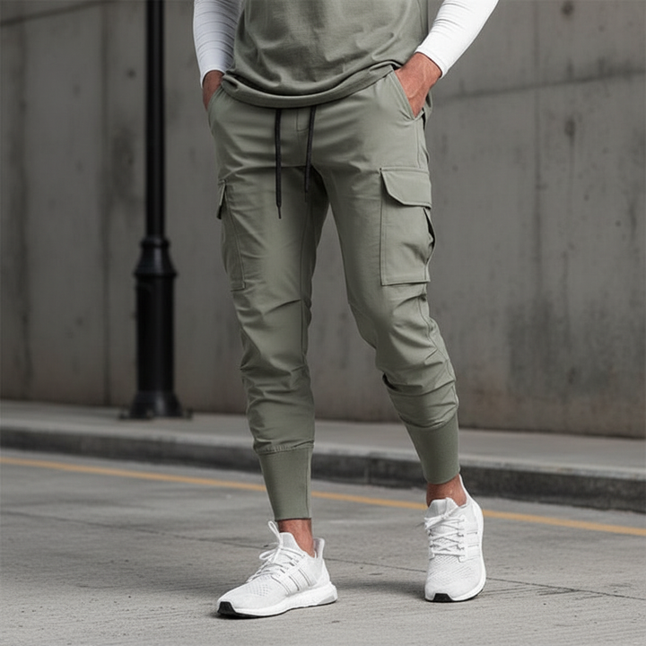 Men's urban performance jogger pants, comfortable stretch fabric with practical pockets.