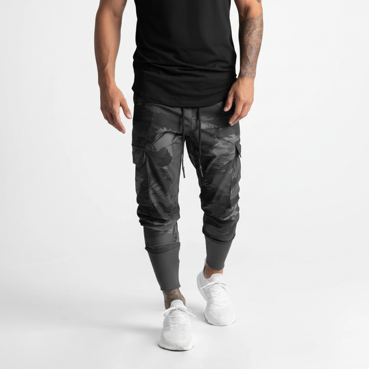 Men's stretch urban performance joggers, multi-pocket design for active and casual wear.