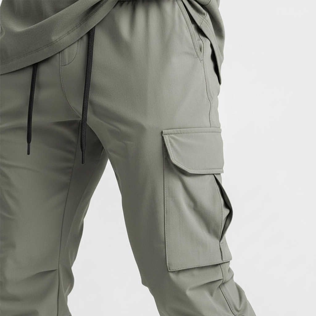 Men's athletic cargo joggers, stretch fabric for comfort, many pockets, performance ready.