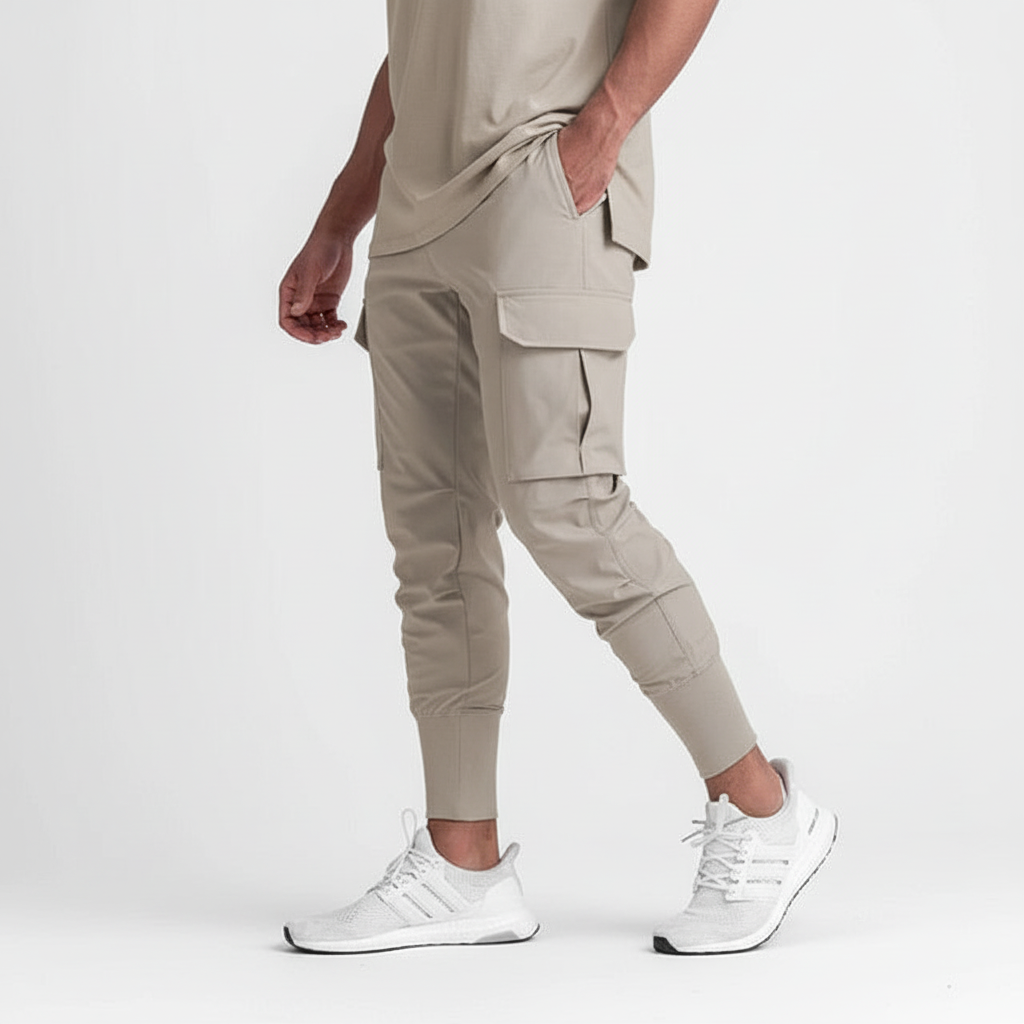 Urban men's activewear joggers, stretch fabric & comfortable fit with useful side pockets.
