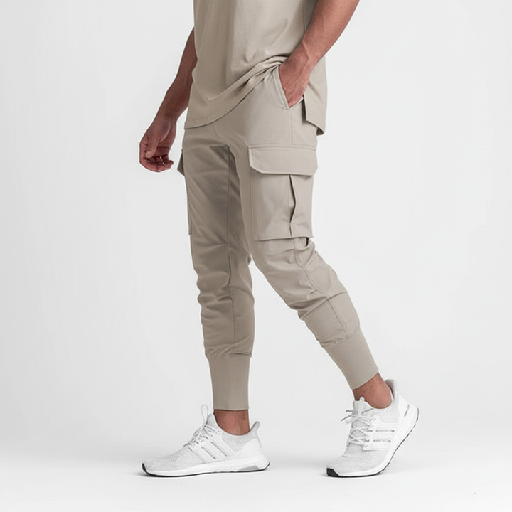 Urban men's activewear joggers, stretch fabric & comfortable fit with useful side pockets.