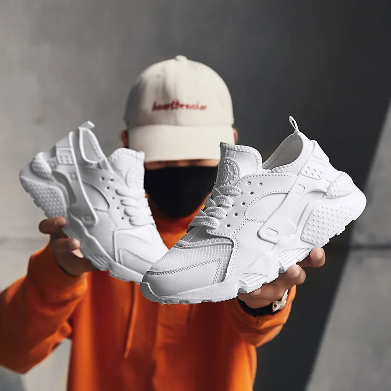 Men's urban street sneakers in motion, showcasing flexibility and athletic comfort for active lifestyles.