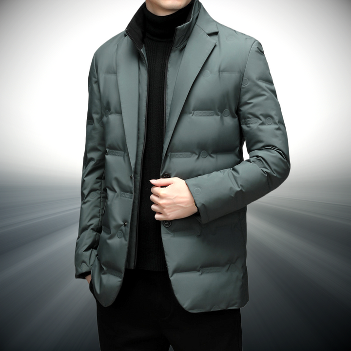 Modern men's windproof jacket, offering warmth and protection for urban adventures.