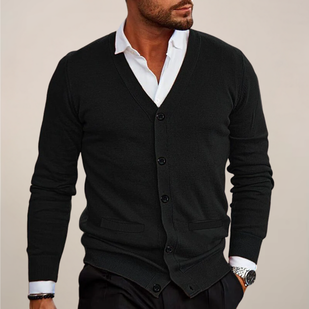 Men's V-neck button-up cardigan, a versatile layering piece for smart casual office wear.