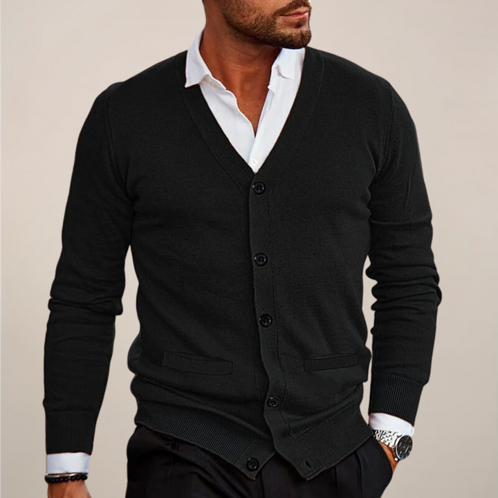Men's V-neck button-up cardigan, a versatile layering piece for smart casual office wear.