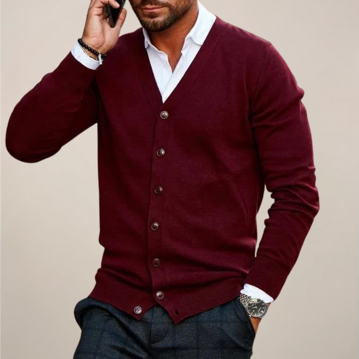 Stylish men's V-neck button cardigan, perfect for autumn & winter comfort and everyday style.