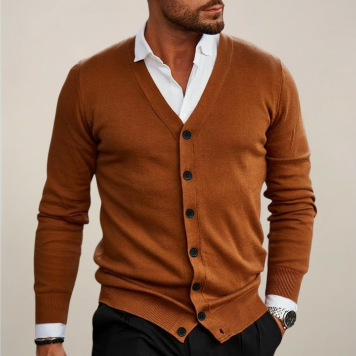 Close-up of a sophisticated men's V-neck button-up cardigan, ideal for professional layering.