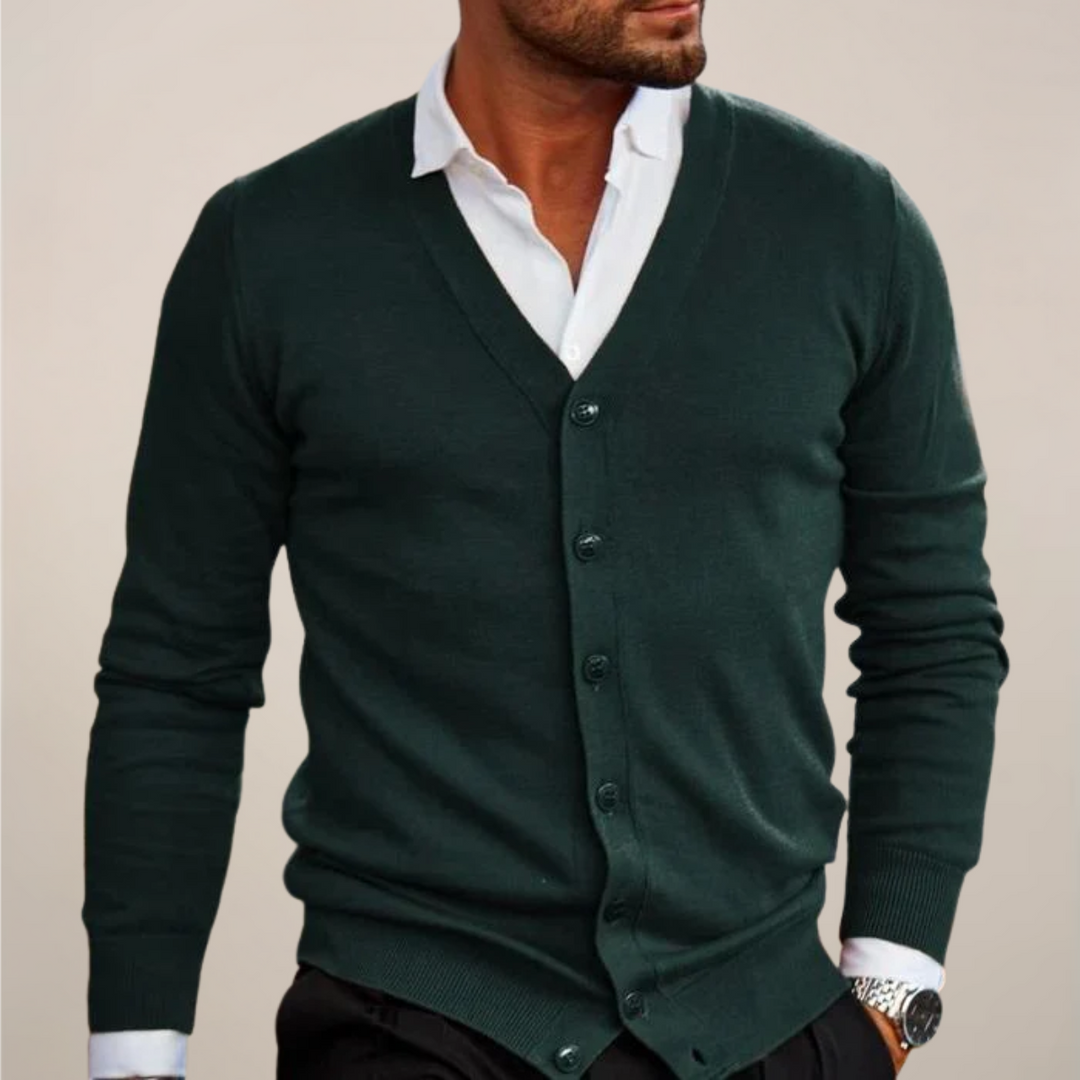 Classic men's V-neck button cardigan in navy, essential for smart casual outfits and events.
