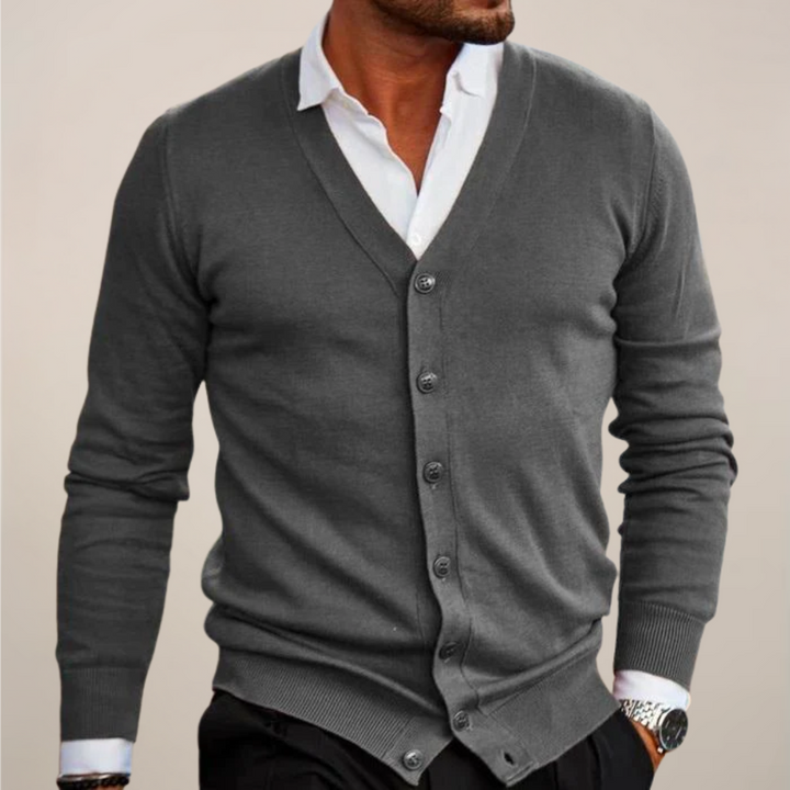 Comfortable men's V-neck button cardigan, a great layering choice for cool autumn and winter days.