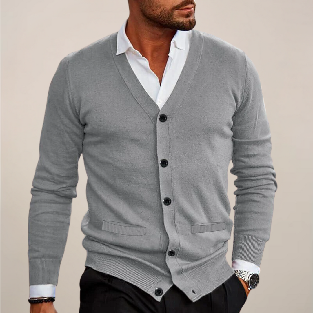 Men's V-neck button-up cardigan, showcasing its versatile design for work or events.