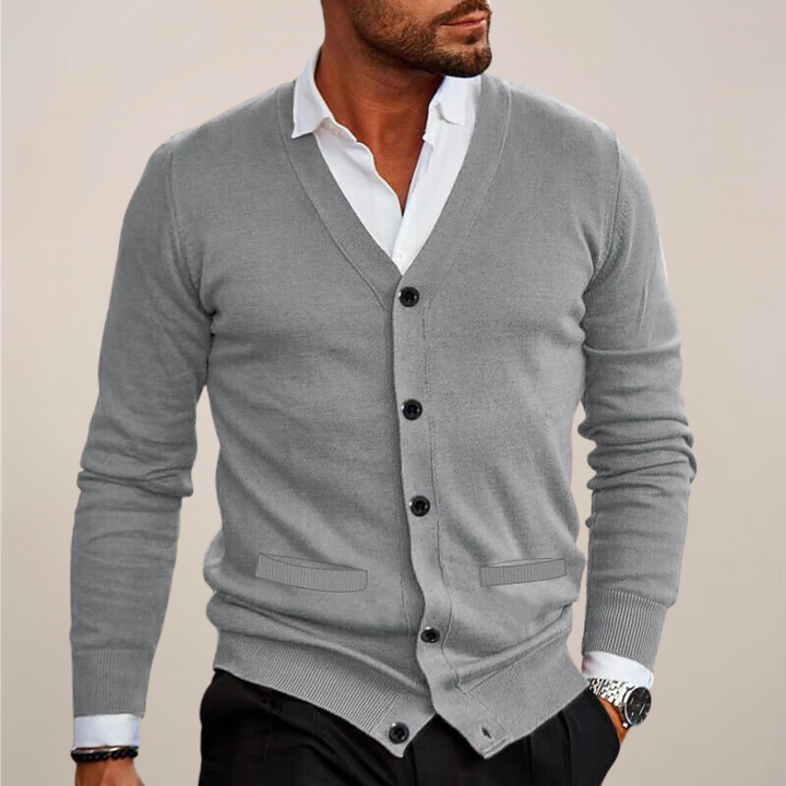 Men's V-neck button-up cardigan, showcasing its versatile design for work or events.
