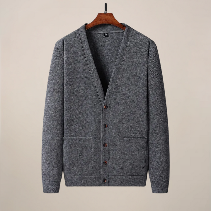 Men's V-neck button-up cardigan with front pockets, ideal for versatile layering in smart casual or everyday wear.
