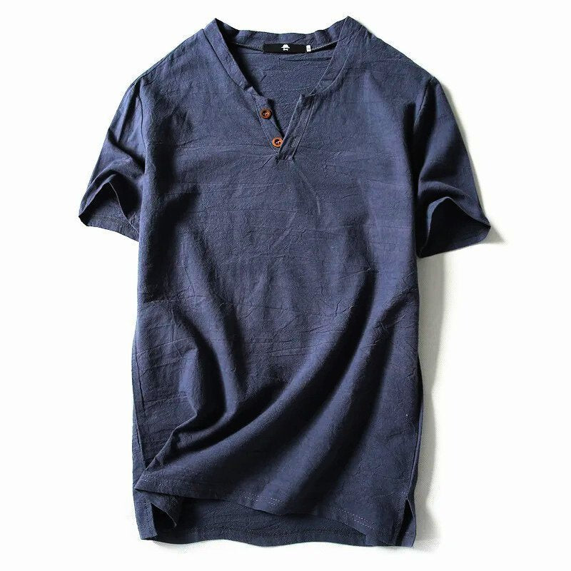 Men's V-neck casual t-shirt, perfect for everyday comfort & style. Soft, breathable, short sleeve summer tee.