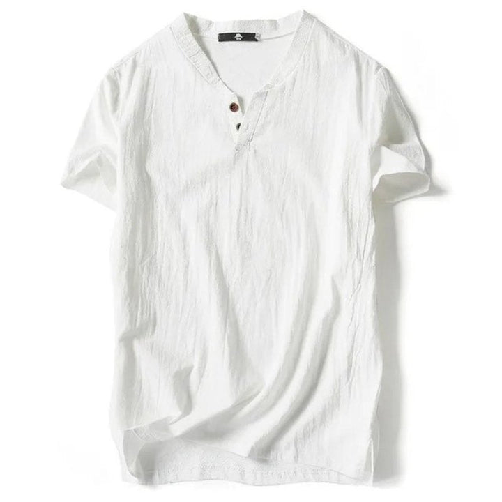 Stylish men's V-neck summer t-shirt, ideal for everyday casual wear. Breathable, comfortable, short sleeve top.