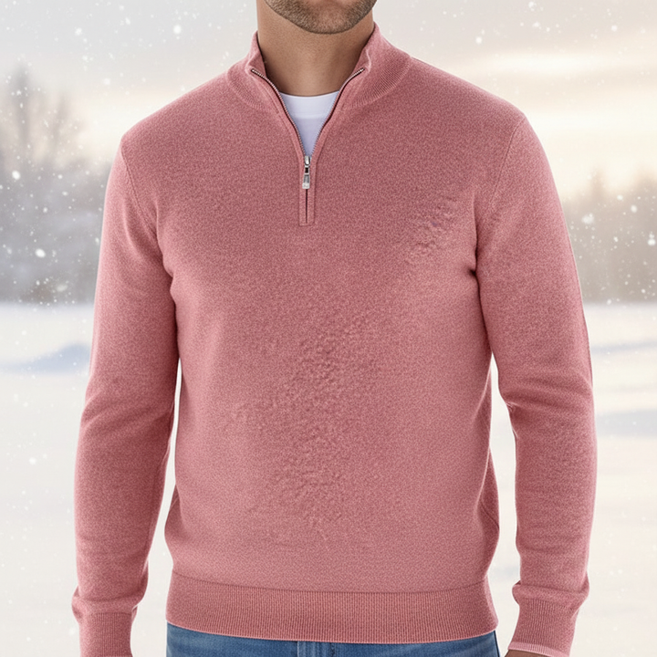 Men's V-Neck Faux-Merino Sweater with Zip Detail in classic navy, perfect for winter fashion.