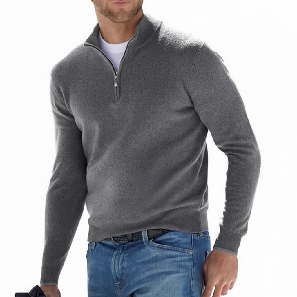 Men's long sleeve v-neck sweater, blending warmth and style with its faux merino and zip design.
