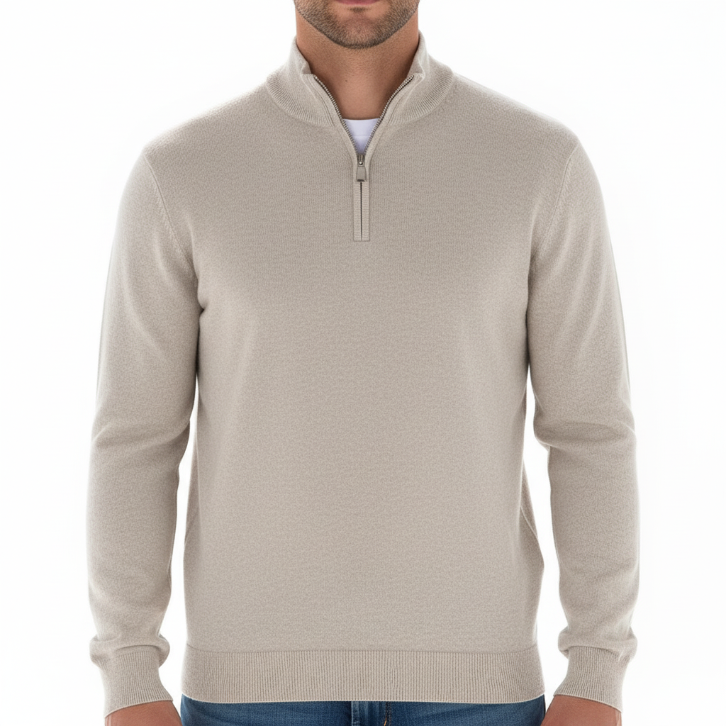 Sophisticated men's v-neck faux merino jumper with a sleek zip, a staple for winter fashion.