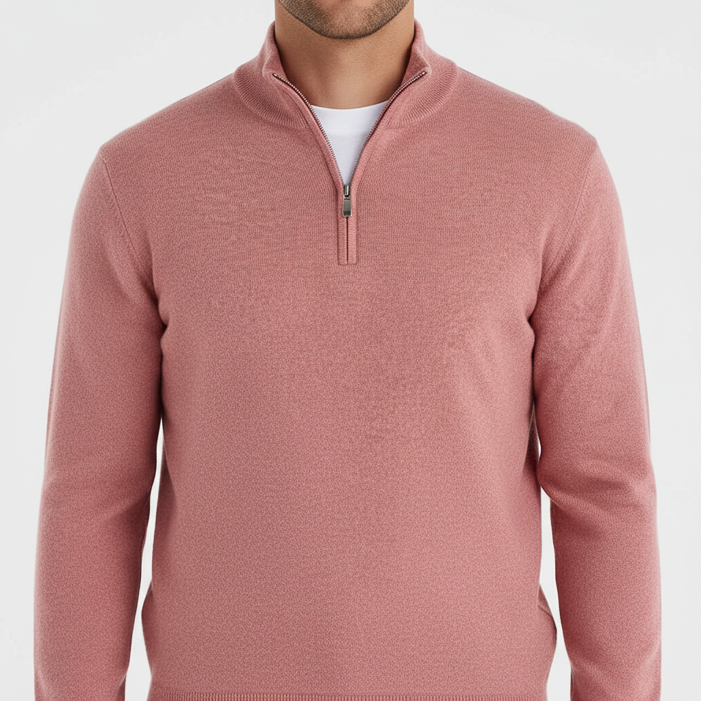 Stylish men's v-neck faux merino sweater featuring a unique zip detail, ideal for casual wear.