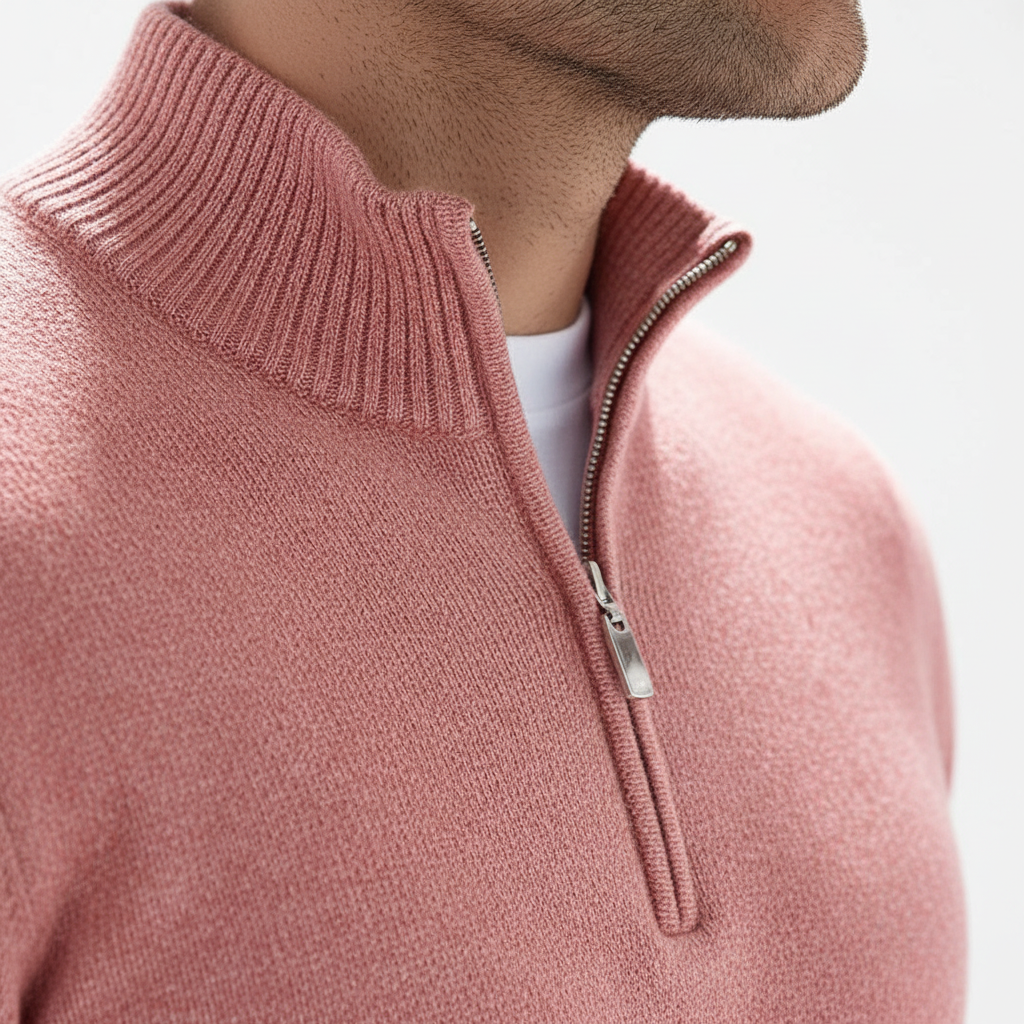 Close-up of the zip detail on a black men's v-neck faux-merino sweater, highlighting quality.