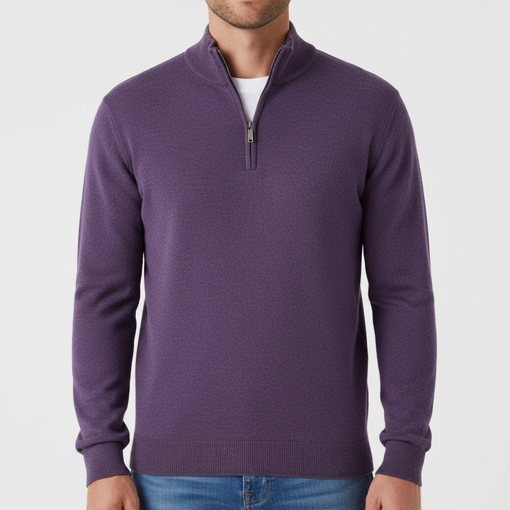 Textured faux merino men's v-neck sweater with subtle zip detail, offering cozy casual wear.