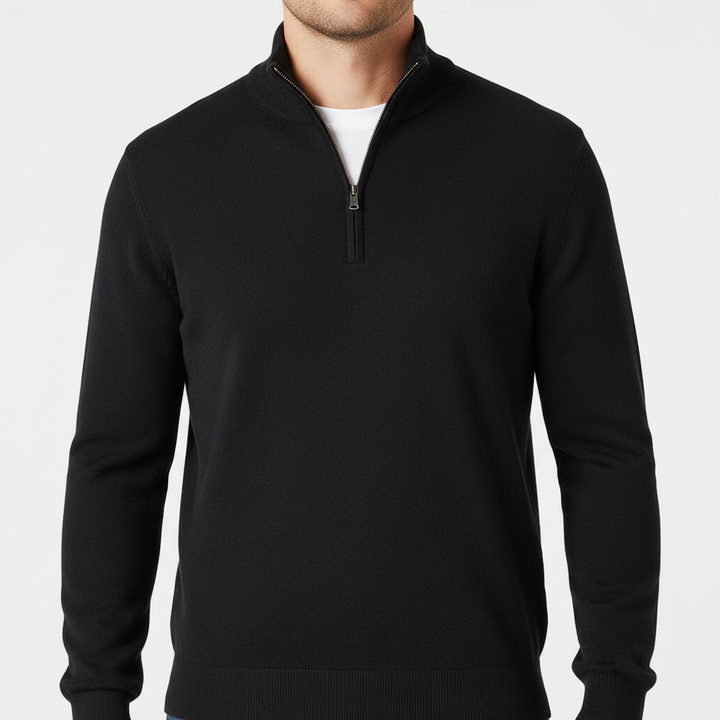 Front view of a gray men's v-neck faux-merino sweater, versatile for everyday winter outfits.