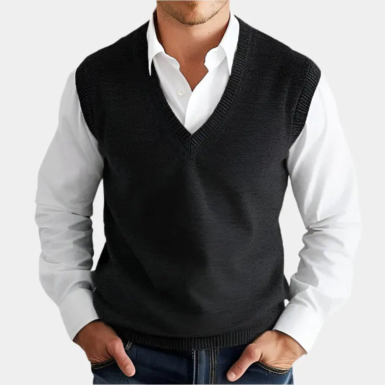 Men's V-neck knit vest, ideal for stylish layering. Perfect for smart casual or office wear.