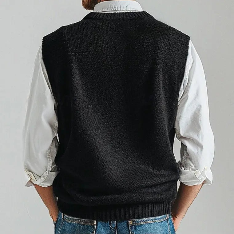 Black men's V-neck knit vest for versatile layering. Essential smart casual and office wear fashion.