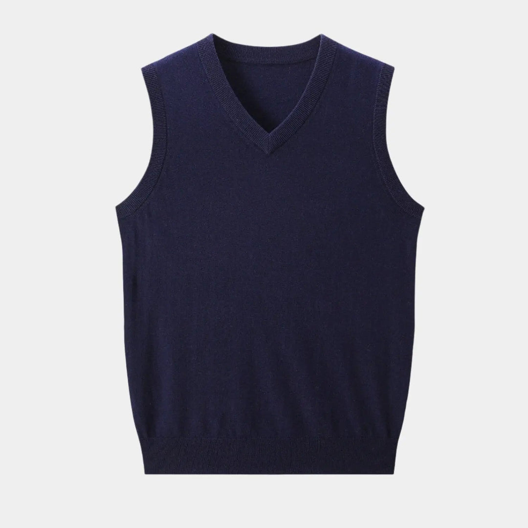 Gray men's knit V-neck vest, perfect for sophisticated layering in office or smart casual outfits.